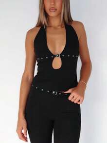 Women's Buckle Halter Top, Y2K Plunge Neck Open Back Crop Tops Front Cut Out Sleeveless Slim Tank Tops Summer Hollowed Vest Shirt For Club Party Streetwear - 黑色 - 查看 2