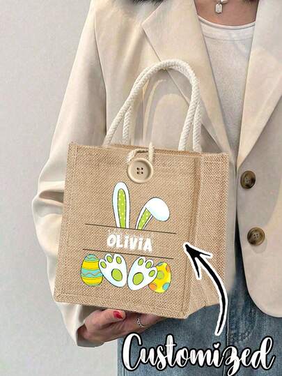 Bolsa de tela personalizada con conejo de Pascua y nombre, bolsa de regalo, para la búsqueda de huevos de Pascua, bolsa de recuerdo personalizada para fiesta de Pascua