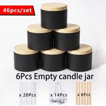 一套46个黑色蜡烛罐，每个4盎司，配有哑光木纹盖 - 非常适合蜡烛制作、艺术创作和小物件收纳 - 内含6个罐子、14根烛芯、6个烛芯支架和20个标签 - 6Pcs 黑色蠟燭罐 + 40 蠟燭製作配件 - 查看 9