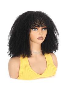 Afro Kinky Curly Human Hair Wig With Bangs For Women Black Brazilian Remy Full Machine Made Hair Without Glue And Gel - Natural Black - View 3