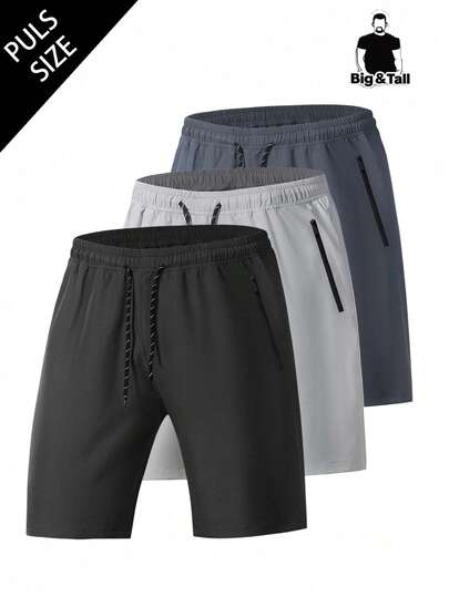 Plus Size Men's Shorts, Summer Breathable Sports Drawstring Fitness Running 5-Point Pants With Zipper Pockets & Reflective Print, Suitable For Daily Sports & Outdoor Activities