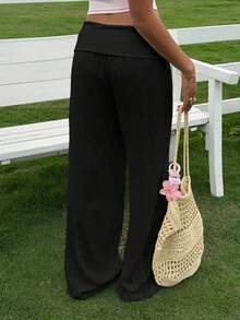 Women Cotton Linen Summer Palazzo Pants Wide Leg Lounge Pants Loose Straight Leg Solid Color Fold Over Low Rise Pants Casual Boho Beach Vacation Trous - Black - View 2