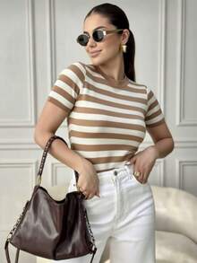Short-Sleeved Striped Modal Blouse With High-Quality Stretch. - Cappuccino - Xem 3