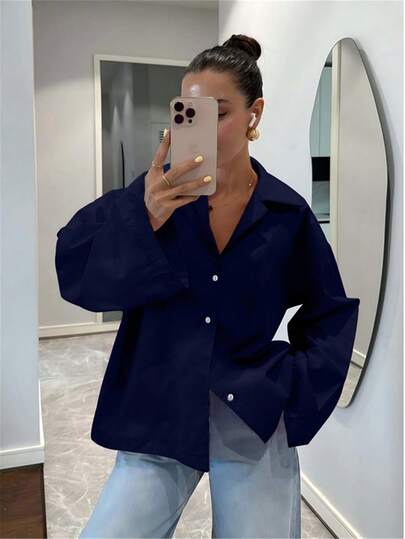 Navy Blue Cardigan Long Sleeve Women's Jacket, Fashionable Casual Elegant Blouse Top, Suitable For Spring/Summer, Holidays And Valentine's Day