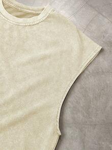 Sleeveless Printed T-Shirt, Y2K Style Street Fashion Men's Washed Vest (220g Pure Cotton), Vintage Pattern Fun Print, Hip-Hop Style, Men's Summer Round Neck Short-Sleeved Casual T-Shirt, Men's Summer Streetwear. - 杏色 - 查看 4