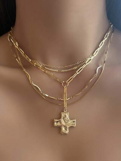 4-delat minimalistiskt halsband med korshänge i guld, lämpligt för kvinnor att kombinera och matcha för musikfestivaler, fester och sammankomster