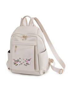 女士时尚简约双肩包，饰有花卉字母刺绣，复古风格双肩包，配有毛球挂饰，经典妈妈包和学生背包 - 白色 - 查看 5