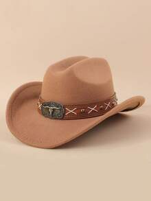 1顶儿童西部牛仔帽，采用柔软的毛毡面料，配有皮革帽带和牛头吊坠，宽帽檐，适合日常休闲、万圣节装扮和主题派对。 - 1PC - 查看 13