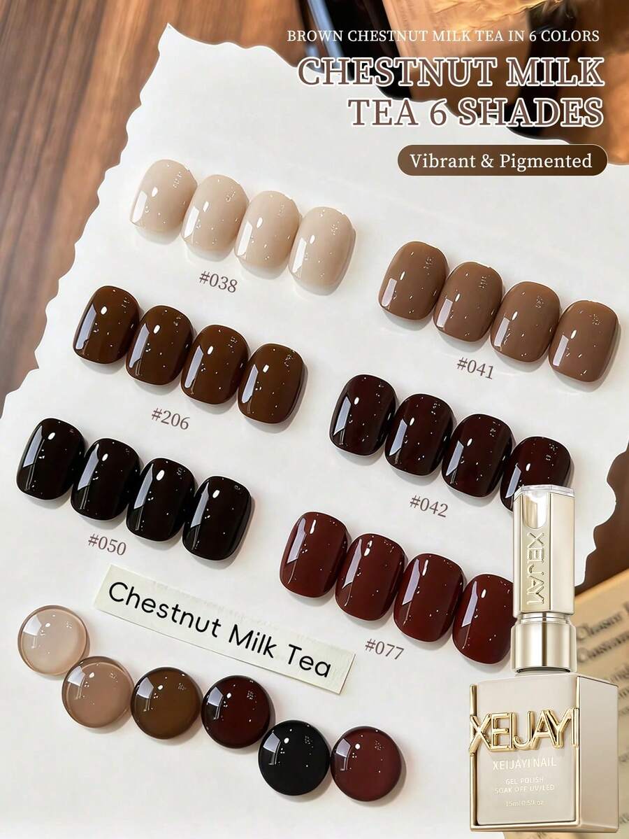 XEIJAYI 6 Colors 15ml Caramel Brown Series Gel Nail Polish, Glossy & Shiny Semi-Permanent Solid Color Nail Polish, Removable UV Nail Polish, Autumn/Winter Nail Design - 彩色 - 查看 1