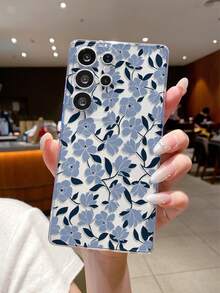 1pc Blue Floral Pattern Android Phone Case, Precise Cutout Camera Protection Suitable Compatible With Samsung, Nothing, Pixel, - Clear - View 2