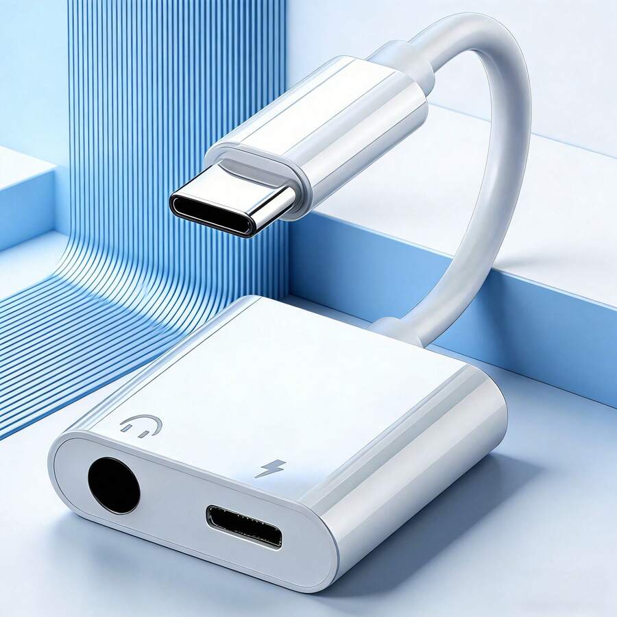 二合一音频适配器,USB C 转 3.5mm + Type-C 充电辅助线,兼容 和有线耳机 - 白色 - 查看 1
