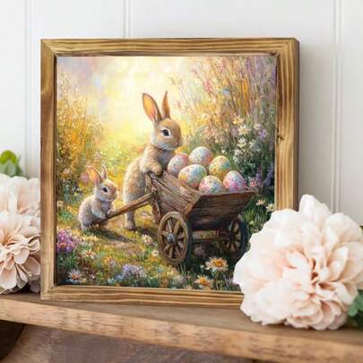 1pc Rustic Wooden Rabbit & Eggs Wheelbarrow Wall Art, 8x8 Inch Farmhouse Decor, Indoor Wood Frame Sign For Entryway, Living Room, Kitchen, Home Decoration, Housewarming Gift, Easter Decor