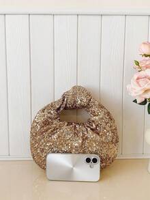 Women's Evening Clutch Bag, Shiny Sequin Handbag Suitable For Wedding, Party, Banquet, Champagne Gold Sparkling Knot Clutch - Gold - View 4