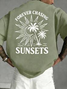 Fractyr Men's Casual Vacation Street Style Loose Fit Short Sleeve T-Shirt | Minimalist Palm Tree & Sun Letter Print | Sophisticated Design | Summer Essential | Versatile & Stylish - Olive Green - View 2