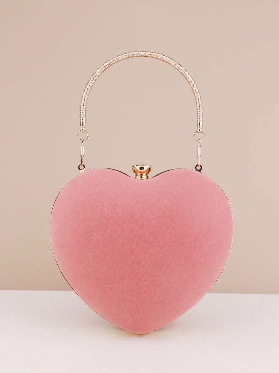 绿色爱心图案女士手拿包，饰以金色金属亮片、水钻和爱心装饰，是送给女友/妻子的礼物，可作晚宴包、肩链和斜挎钱包使用，节日必备。 - 粉色 - 查看 1