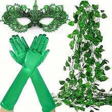 3pcs St. Patrick's Day Costume Set, Green Women's Outfit Including 1pc Green Lace Disguise, 1 Pair Green Gloves, 5pcs Hanging Fake Ivy Vines, Suitable For St. Patrick's Day Party, Ball, Carnival, Ivy Costume Set - Multicolor - View 12