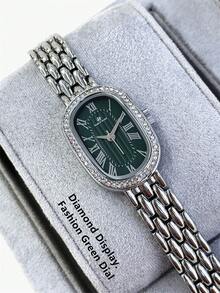 1 chiếc đồng hồ nữ Pablo Raez màu bạc-xanh lá cây, đồng hồ đeo tay nữ đính kim cương quyến rũ, đồng hồ thạch anh hình oval sang trọng bằng thép không gỉ đính kim cương, dây đeo kim loại bằng thép, đồng hồ nhỏ thanh lịch kiểu retro dành cho nữ dự tiệc, mặt số La Mã, đồng hồ thạch anh. - Một cỡ - Xem 8