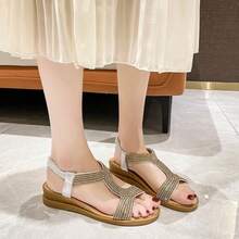 Sandalias romanas de plataforma para mujer - Estilo boho-chic con cuña gruesa y decoración de strass. Ligeras, cómodas e ideales para playa, paseos urbanos o un look bohemio de verano, Plataformas y sandalias de cuña para mujer - Plateado - Ver 5