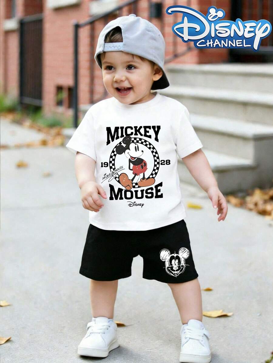 Unisex Baby's Disney Mickey Mouse Pattern Casual And Simple Short-Sleeved Crew Neck T-Shirt And Shorts Set, Suitable For Summer Wear. - 白色 - 查看 1
