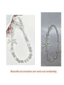 粉色蝴蝶结爱心印花搭配粉色波浪珍珠链手机挂绳套装，适用于 17 16 15 14 13 12 11 Pro Max 14 15 16 Plus XS XR X 8 7，国际版，非国内版 - 無色 - 查看 8