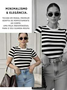 Modal Striped Short Sleeve Blouse With High Quality Elasticity - 白色 - 查看 2
