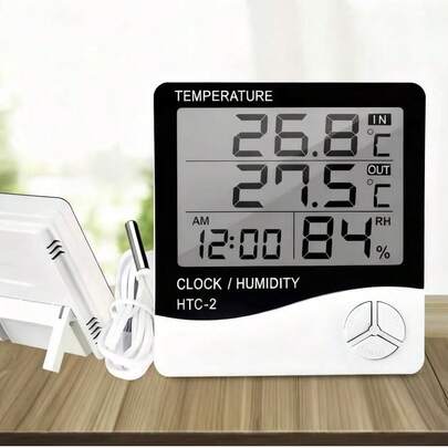 Termômetro e Higrômetro Digital LCD HTC-2, Estação Meteorológica com Relógio para Medição de Temperatura e Umidade Interna e Externa