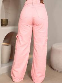 Women's Wide Leg Pants, Multicolored Pink, Casual, With Pockets, Button, And Zipper, For Everyday Wear. - Baby Pink - View 7