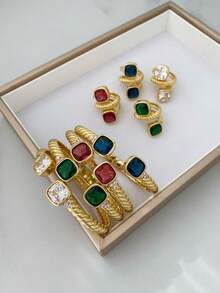 1pc Elegant Twisted Rhinestone Bangle Bracelet, Vintage Cubic Zirconia Sugar Cube Bracelet Ring Set, Stackable, Material, Classic Design, Suitable For Daily Wear - Large Diamond - View 4