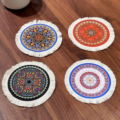 6PCS Round Fringed Fabric Table Mat Coffee Coaster Bohemian Style Middle East Table Decor For New Year Valentine Home Ornaments