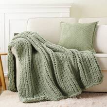 Sage Green Chunky Knit Throw Blanket,Handmade Cable Knit Crochet Blanket,Soft Thick Chenille Throw Blankets For Spring Living Room Decor,50"X60" - 淺綠色 - 查看 12
