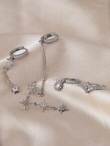 5pcs Shiny Cubic Zirconia Star & Moon Chain Earrings, Suitable For Women's Daily Wear, Dates, Parties, Gatherings, Holiday Gifts - Silver - View 5