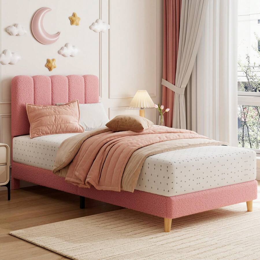 Cama individual con plataforma tapizada en bouclé y cabecera ondulada para niñas/niños. Fácil montaje, soporte de listones de madera, no necesita somier. Rosa claro. - Rosa - Ver 1