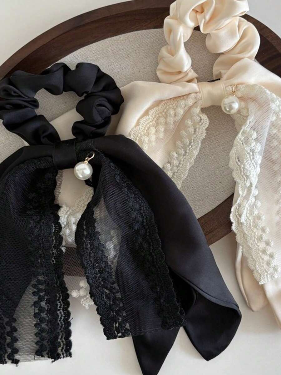 Elegant Bowknot Lace Hair Tie, Faux Pearl Hair Scrunchie, Fabric Hair Tie, Hair Accessories For Women Ponytail Holders Hair Elastics Hair Rubber Bands Hair Rope,Summer,Holiday,Travel - Multicolor - View 1