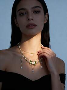 1pc Green Butterfly Chain & Crystal Faux Pearl Necklace Jewelry, Pixie Fairy Core, Punk Style, Beaded Choker, Perfect Gift For Her, Suitable For Daily Wear - Green - View 1