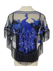 女士亮片披肩背心，绣有孔雀图案，带流苏，一件装。 - 彩色 - 查看 11