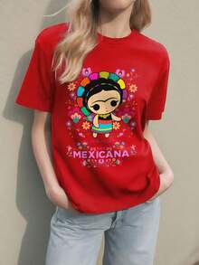 Playera Para Mujer,Día De San Patricio Lindo Muñeca Mexicana Camiseta Gráfica, Playera Mexicana "Muñequita Mexicana No. 6 ", Fiestas Patrias, Independencia De México, 15 De Septiembre, Playera Blanca, Cuello Redondo, Manga Corta, (L) - Rojo - Ver 1