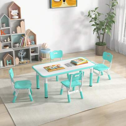  COSTWAY Kids Table And Chairs Set For 4, Height Adjustable Toddler Table And Chairs Set With Graffiti Desktop, Children Art Study Activity Table With 4 Seats For Home, Daycare, School, Green