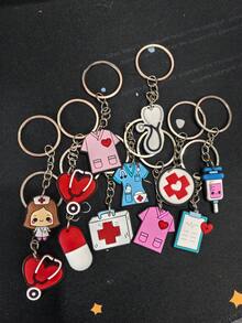 12个随机可爱医疗主题钥匙扣，护士、医生、卡通吊坠，医疗礼品/节日小礼物/安全教育日礼物，包包挂件，款式多样，DIY医疗可爱卡通不对称随机混合医疗系列钥匙扣，牙齿、牙膏、护士、医生、医疗盒、救护车、胶囊、绷带 - 彩色 - 查看 10