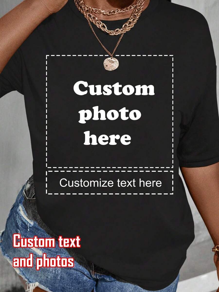 Customizable Plus Size Women's T-Shirt - Add Text And Photos (Landscape, Logo, Couple, Family, Selfie, Pet). You Can Choose Font And Color To Design Your Personalized Printed T-Shirt. Suitable For Logo Printing | Commercial Use | Wedding Gift Black Summer - Black - View 1