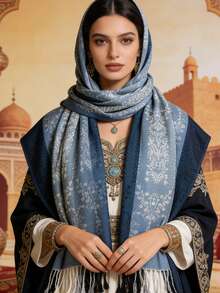 1件装女士四季通用佩斯利花纹腰果提花多功能羊绒披肩围巾，带流苏，时尚保暖礼品 - 藍色 - 查看 2