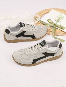 Women's Casual Sneakers, New Flat Loafers, Versatile, Fashionable, Comfortable, Lightweight, Lace-Up, Breathable Round Toe Trainers - Light Grey - View 6