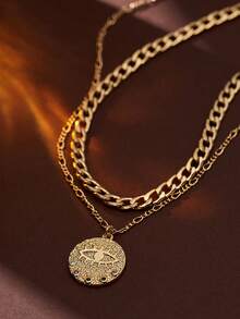 Set de 2 collares superpuestos, con cadena gruesa y colgante de ojo malvado con incrustaciones de circonita cúbica, uso fashionable para fiestas para niñas - Amarillo Oro - Ver 7