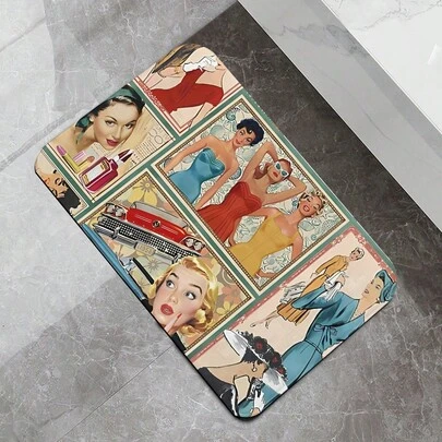 1pc Retro 50s Fashion Silicone Bathroom Doormat With Vintage Female & Car Design, Bathroom Entrance Rug