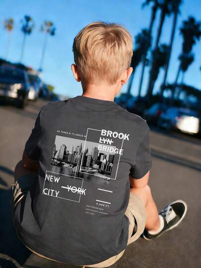 1pc Boys' Casual Letter & Car Print Round Neck Short Sleeve T-Shirt, Summer Student Wear - The Colorful Letter And Car Print T-Shirt Brings Joy And Happiness To Every Child!