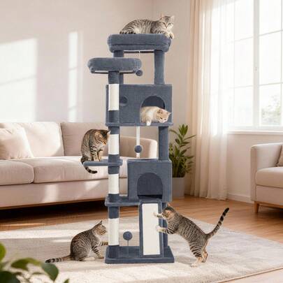 HEXCELEN Cat Tree For Indoor Cats, 152 Cm Cat Tower, Multi-Level Cats Climbing Frame With Scratching Posts, Scratch Board, 2 Comfy Condos, 2 Perches, Pompoms, Rest Place