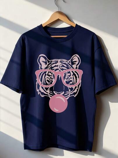 女士夏季新款简约时尚虎嘴泡泡印花休闲度假宽松百搭圆领绿色短袖T恤，时尚日常上衣，适合日常度假穿着