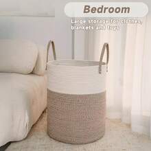 Cotton Rope Laundry Basket, 58L Woven, Collapsible Laundry Basket, Laundry Basket With Reinforced Handles For The Laundry Room, Tall Cotton Storage Basket With Handles, Decorative Blanket Basket For Living Room, Bedroom, Bathroom, Brown. - 60L màu trắng + nâu - Xem 2
