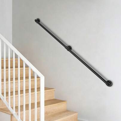 5FT Industrial Pipe Stair Handrail 2-Section Wall Mounted Safety Grab Bar. Black Galvanized Iron Pipe Railing With T-Connector And Elbow. Heavy Duty DIY Handrail Kit For Indoor Outdoor Stairs, Loft, And Bathroom.