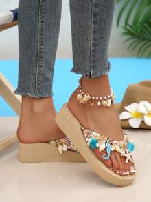 Spring/Summer EVA Vacation Bohemian Platform Wedge Slippers, Beach Resort Shell Chain Decor Women Sandals,Wedge Sandals - Multicolor - View 7