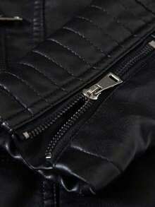 Women's Leather Jacket, Long Sleeve Fitted Stand Collar Leather Coat, Autumn,Fleece,Winter - 黑色 - 查看 7